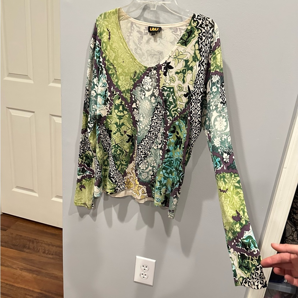 Silk Lightweight Knit Long Sleeve Sweater V-Neck Abstract Floral Y2K Grunge Lg - Picture 9 of 16